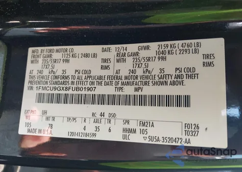 2015 Ford Escape Se z USA, uszkodzony, nr VIN 1FMCU9GX8FUB01907